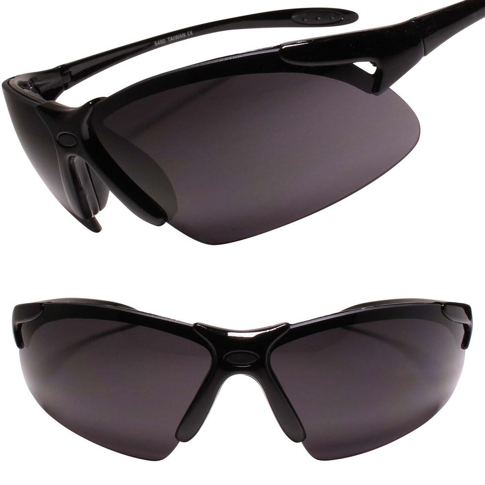 Super Dark Wrap Around Cycling Running Athletic Sport Black Sunglasses